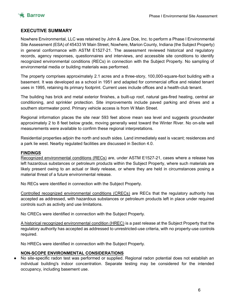 The findings page of the sample Phase I ESA draft report