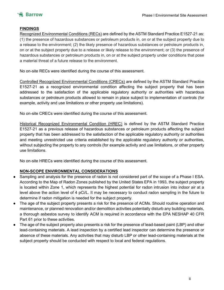 The findings page of the sample Phase I ESA draft report